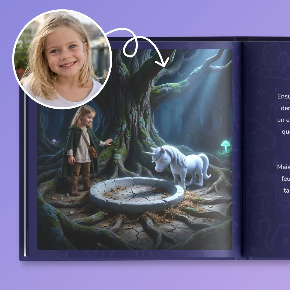 Une page du livre : l’héroïne en cape verte retrouve la licorne près d’une source cachée au cœur de la forêt sombre