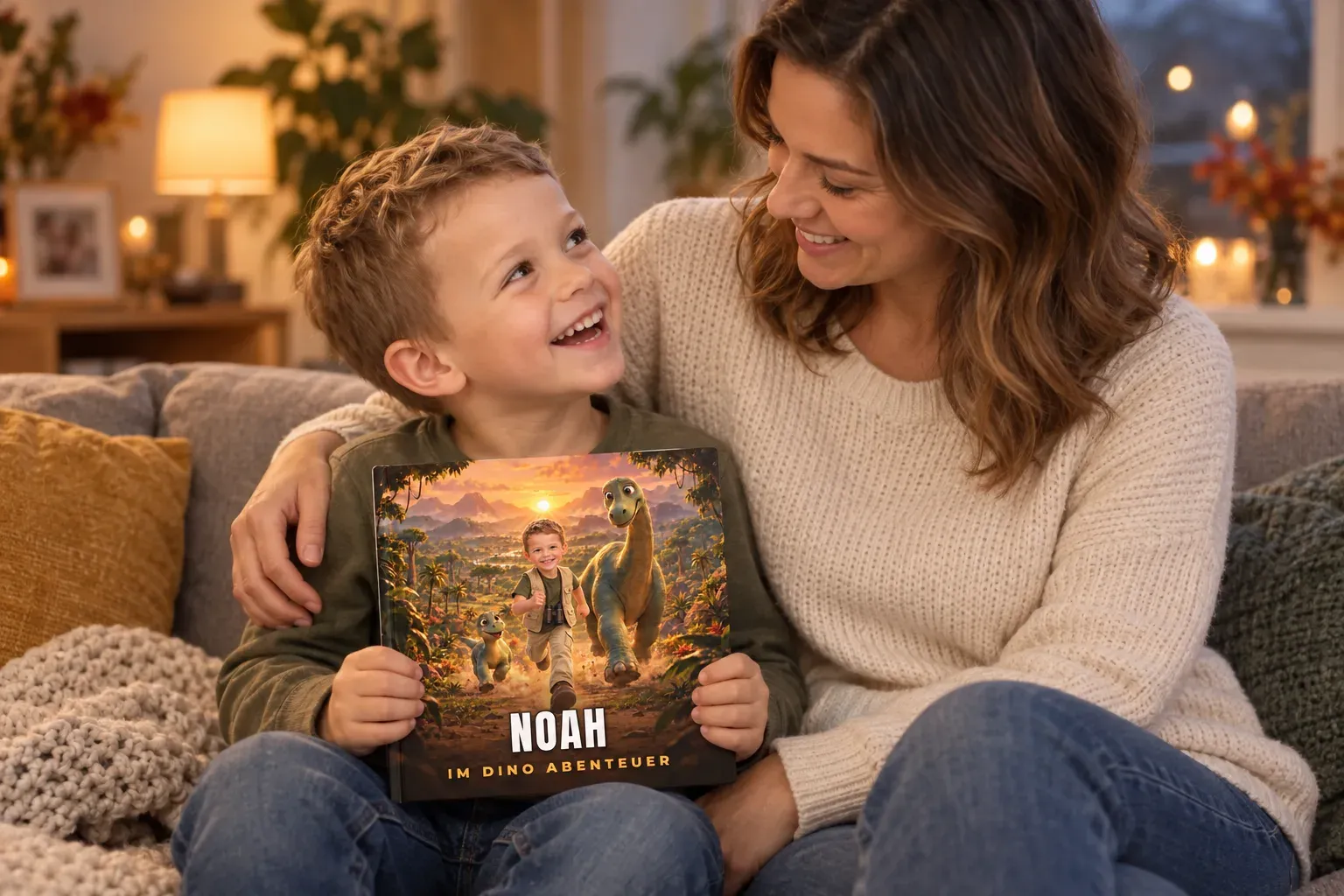 Mutter und Sohn auf dem Sofa, der Junge hält sein Dino-Abenteuer-Buch und lacht